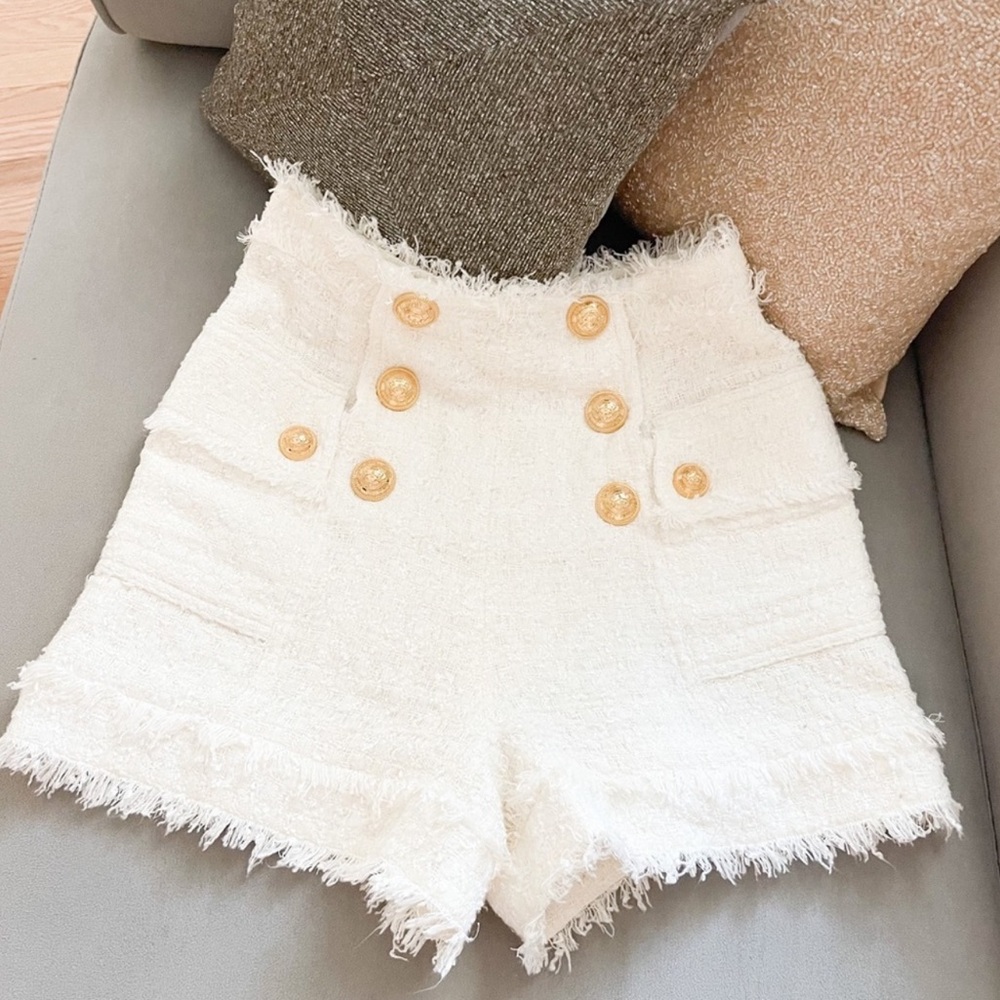 Balmain Tweed Gold-Tone Buttons White High
Waisted Shorts